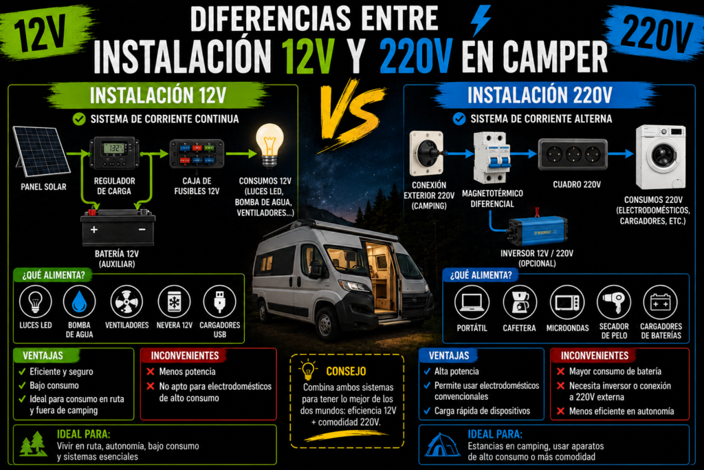 Diferencias entre instalación 12V y 220V en camper