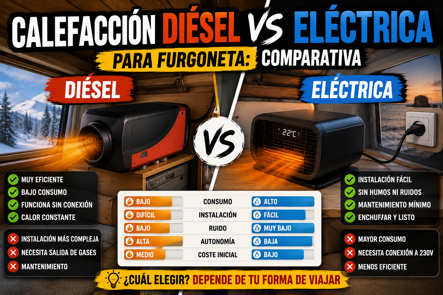 Calefacción diésel vs eléctrica para furgoneta: comparativa completa