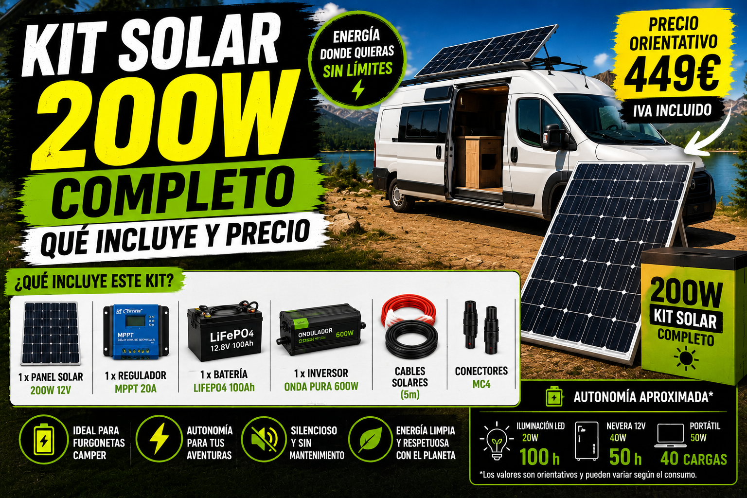 Kit solar 200W completo: qué incluye y precio