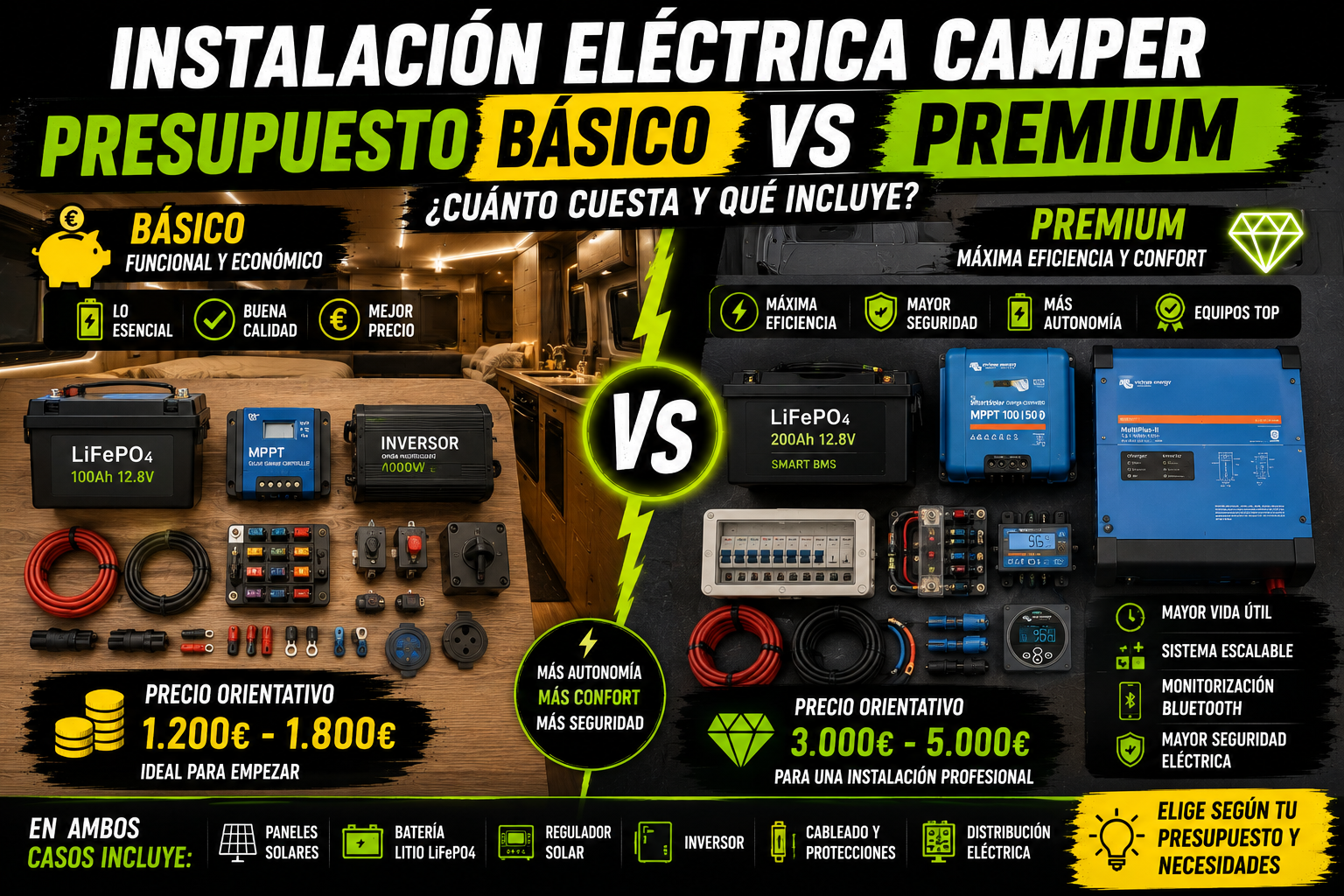 Presupuesto básico vs premium para instalación eléctrica camper
